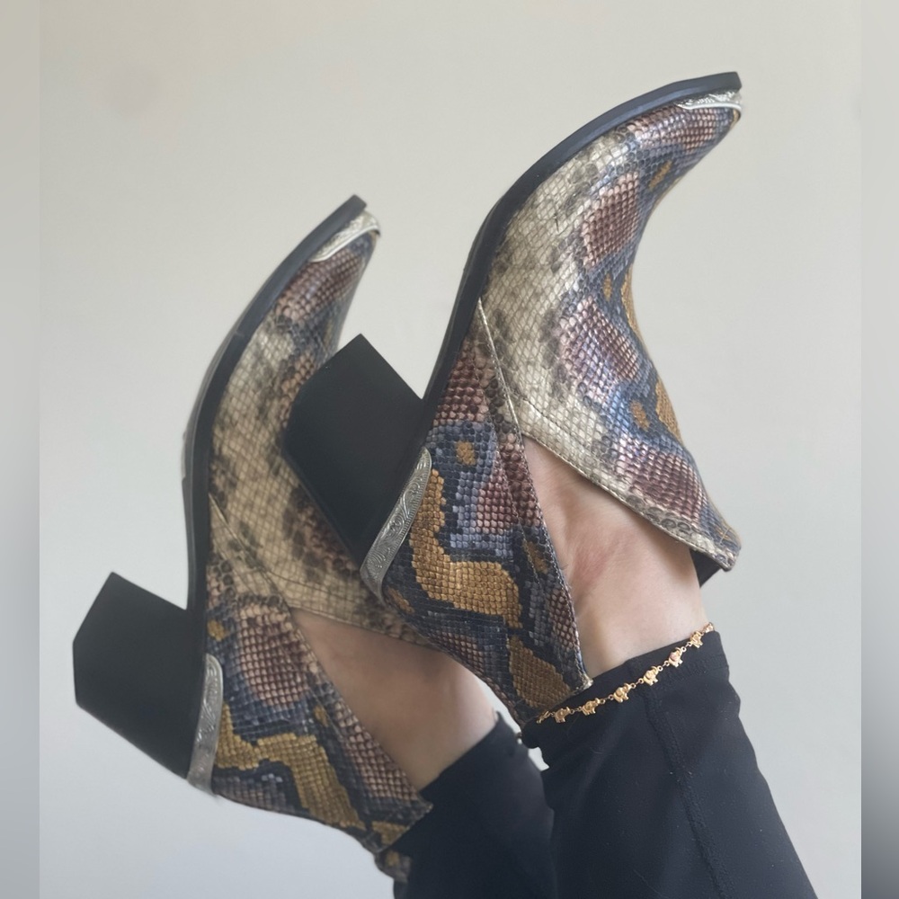 Snake print leather booties western style shoes
